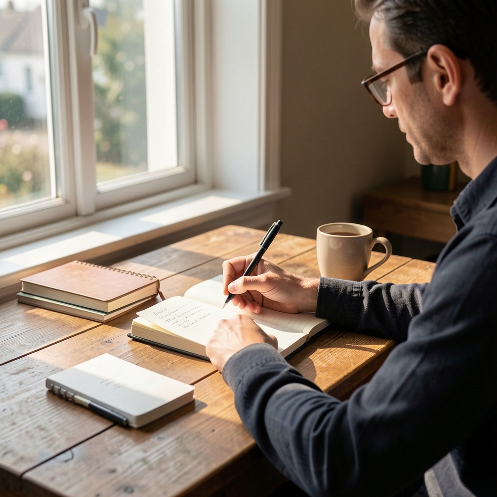 Person writing notes at a wooden desk by a window with morning light, notebooks and a cup beside them
